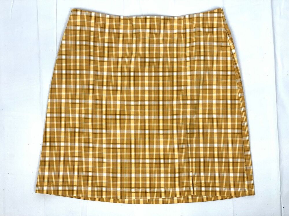 Topshop Women's Yellow Plaid Side Slit Elastic Waist Pull On Mini Skirt Size 8